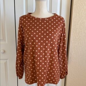 LOFT Brown and Pink Polka Dot Long Sleeve Top